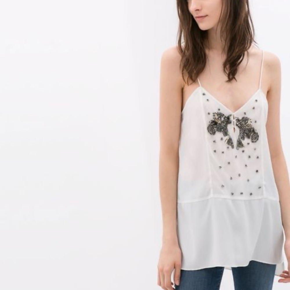Zara beaded white spaghetti strap top sz XL